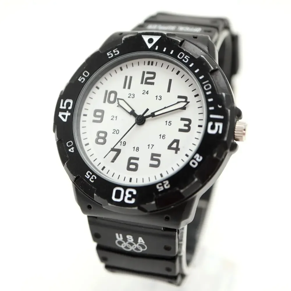 Mens 44mm Black White Easy Read Classic Sport Watch Black Band w New Battery